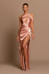 Stunning Long One Shoulder Mermaid Satin Evening Prom Dress With Slit